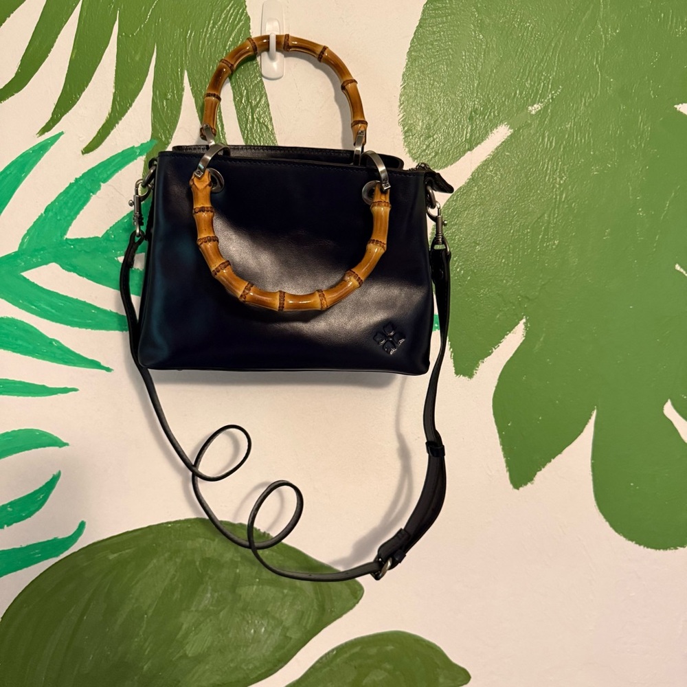 Patricia Nash Navy Leather Satchel with Bamboo Handles - Picture 5 of 9